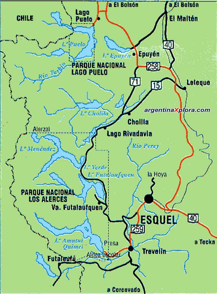 Map of the Región of Esquel and Lago Puelo - Province ofl Chubut Argentina